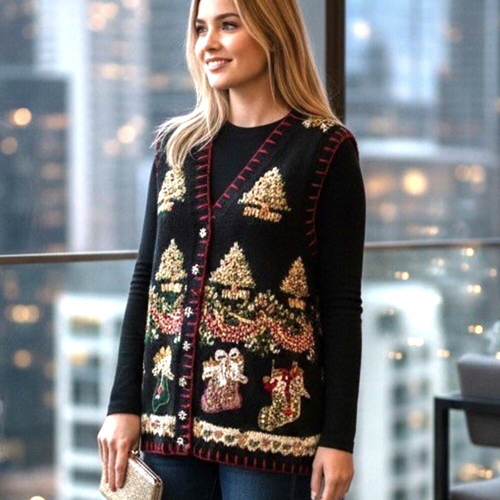 VTG TIARA Christmas Knit Sweater Vest Embroidered Teacher Granny Party Beaded M